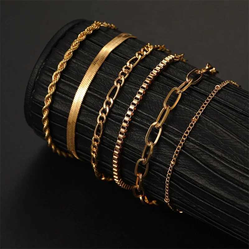 6Pcs Gold Color Bracelet Set Boho Retro Multilayer Thick Twist Cuban Chain Bracelet for Women 2024 Trendy Quality Jewelry Gifts W250728