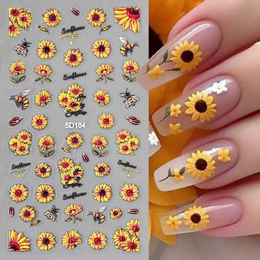 5D Sunflowers Nail Stickers Fall Design Floral Butterfly Bee Nail Decal Self-adhesive Embossed Sliders Manicure Decor NK5D-181G%XJ250120