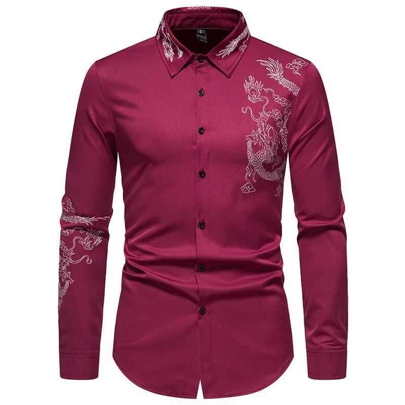 Dragon Embroidered Long Sleeve Shirt Autumn and Winter Single Breasted Slim Fit Button Retro Social Dress Shirt Street WearXJ250121