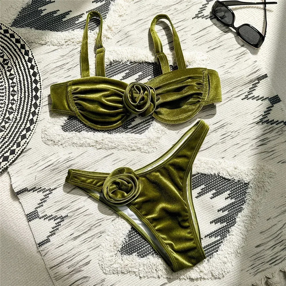Sexy Green Velvet 3D Flower Swimwear Push Up Bikinis Sets Swimsuit Women Underwired Bathing Suit Thong Bikini Mujer Biquini 250121