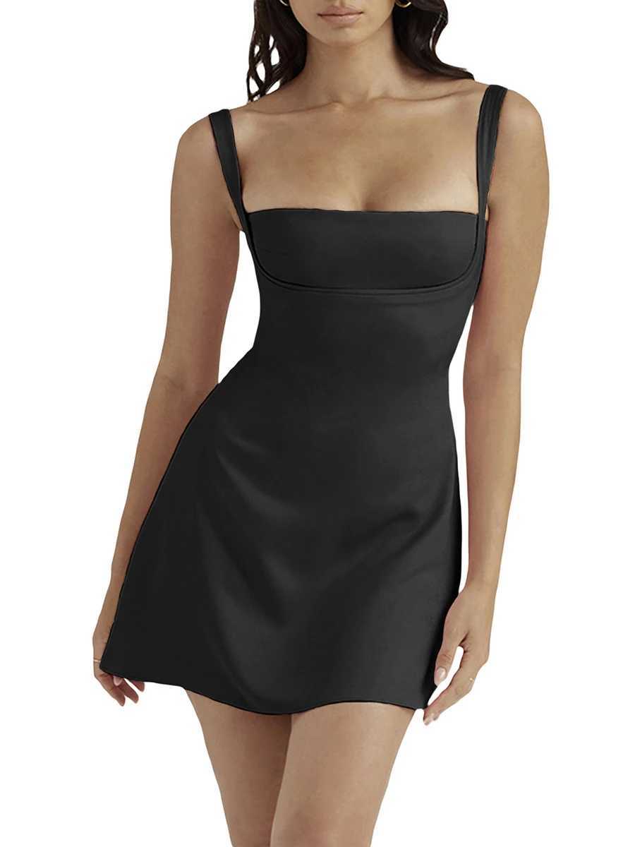 Sexy Summer Short Dress For Women 2025 Fashion Solid Black Pink Low-Cut Sling Sveless High Waist A-Line Mini DressXJ250115