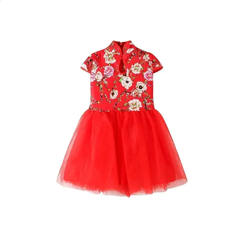 Fashion Red Girl Dress Summer Performance Kids Cheongsam Vestidos Baby Chinese Qipao Mesh Princess Dresses Children Clothing 250116