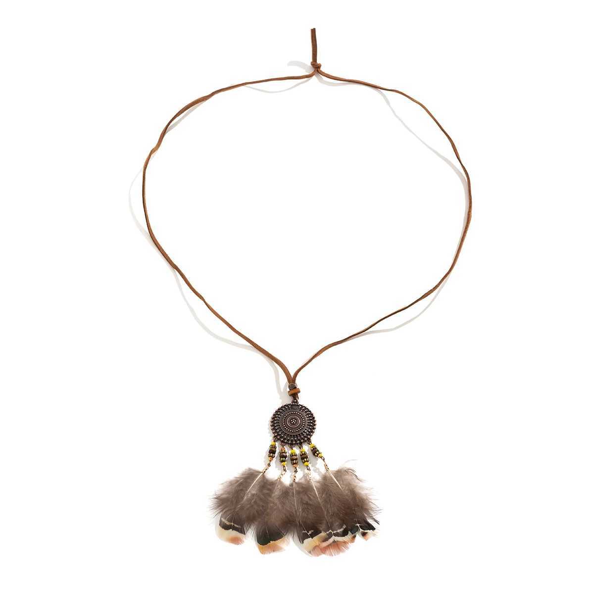 Salircon Bohemian Metal Wreath Feather Pendant Necklace Vintage Brown Korean Velvet Rope Chain Necklace Womens Harajuku JewelryXJ250121
