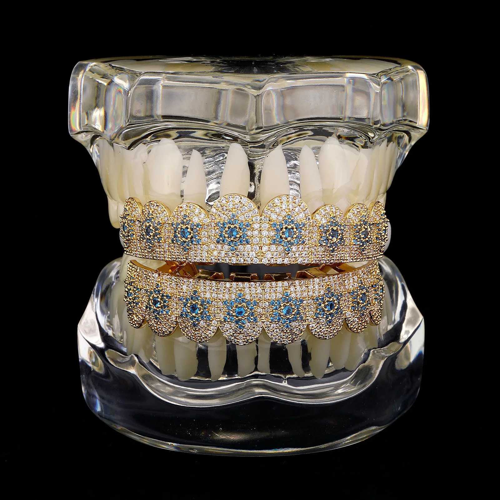 RACHELZ 2024 8/8 Blue Color Star Cubic Zircon Teeth Grillz Hip Hop CZ Stone Tooth Caps For Women Men Body JewelryXJ250114