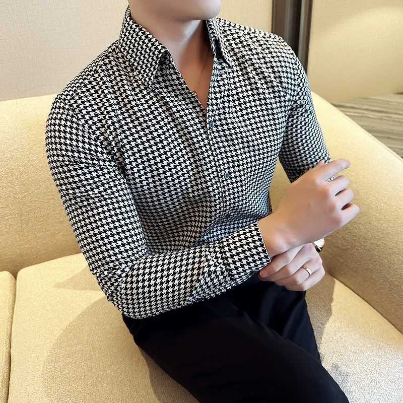 Luxury Black White Plaid Shirt 2023 Autumn New Mens Long Sleeve Business Slim Fit Casual Shirt Homme Social Formal Wear BlousesXJ250121