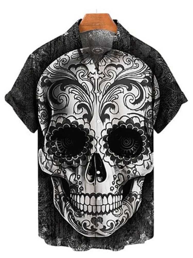 New Hawaiian Shirt For Men Skull 3d Printed Beach Shirt Short Sleeve Button Casual Mens Skull Shirts Oversized Camisa S-5XLXJ250121