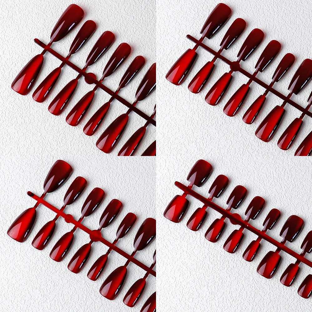 30 pcs Red Magnet Cat Eye Fake Nails Almond In Coffin Glossy False Nails Square Fake Nails Reusable Full Cover Nail TipsW250120