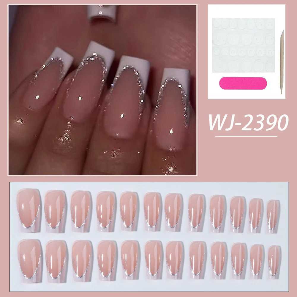 Medium length square nail - Solid color flash white French simple press nail Detachable fake nail acrylic nail24pcs/W250120