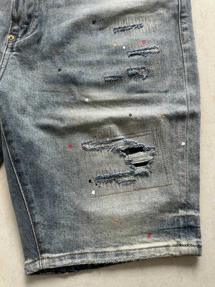 Summer short jeans mens denim shorts stretch hip-hop patch print ultra-thin straight retro punk style T-shirt X250203