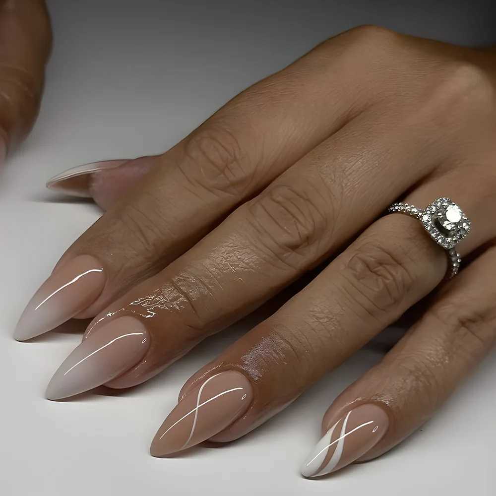 24Pcs Golden French Fake Nail with Almond Head Design Simple Oval False Nails Wearable Press on Nails Full Cover Nail TipsW250120
