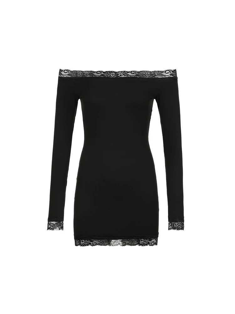 Solid Slim Lace Trim Off Shoulder Long Sve Black Short Dress Women Ele Sexy Party DressesXJ250115