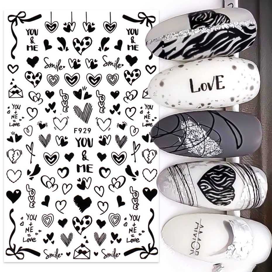 3D Black Love Heart Nail Stickers Couple Lines Letter Decals Design Flower Cute Decor Valentine Sliders Nail Art Accessories JIFXJ250120