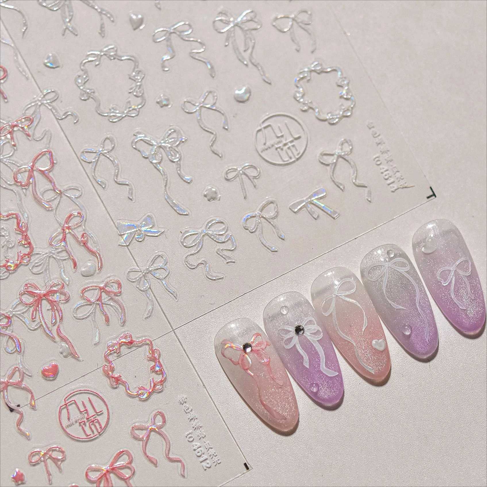 Shiny White Black Pink Bowknot Silk Ribbon Love Heart Charming Star Refined Lace Self Adhesive Nail Art Stickers Manicure DecalsXJ250120