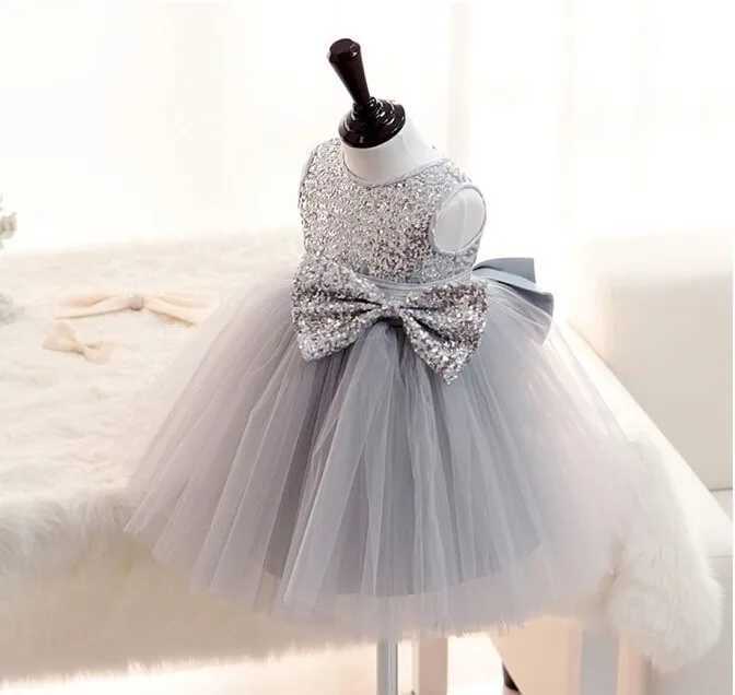 Sweet Baby Girl Dress Silver Sequin Princess Big Bow Sleeveless Infant Summer Dress Toddler Birthday Party Baptism Dress X250203