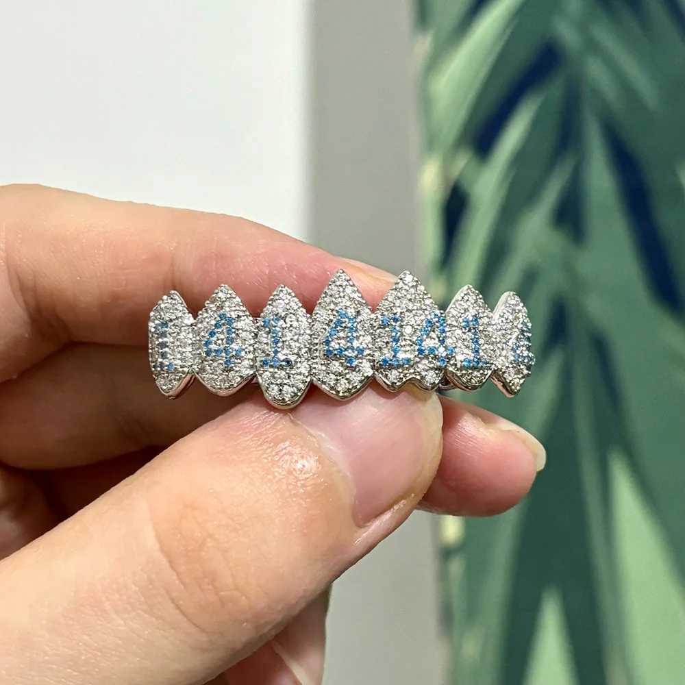 RACHELZ Hip Hop Full CZ Stone Number Teeth Grillz Fangs Top Bottom Fashion Blue Zircon Tooth Caps For Women Men Jewelry GiftXJ250114