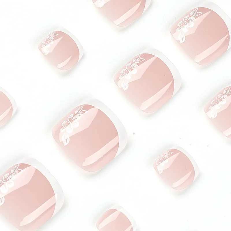 White French Artificial Toenails Nude Pink Toe False Nails with Glue Wearable Short Flat Shape Fake Toenails WholesaleW250120