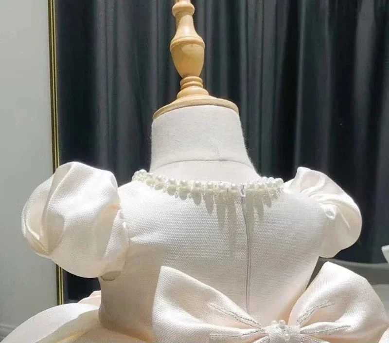 New Baby Girl Dress Bead Bow Newborn Baptist Dress Baby Girl Tutu 1st Birthday Party Dress Puff Sleeves Preschool Clothing X250203