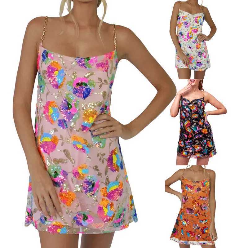 Womens Casual Chain Suspender Dress Fashion Sequined V-neck Backless A-line Short DressXJ250115