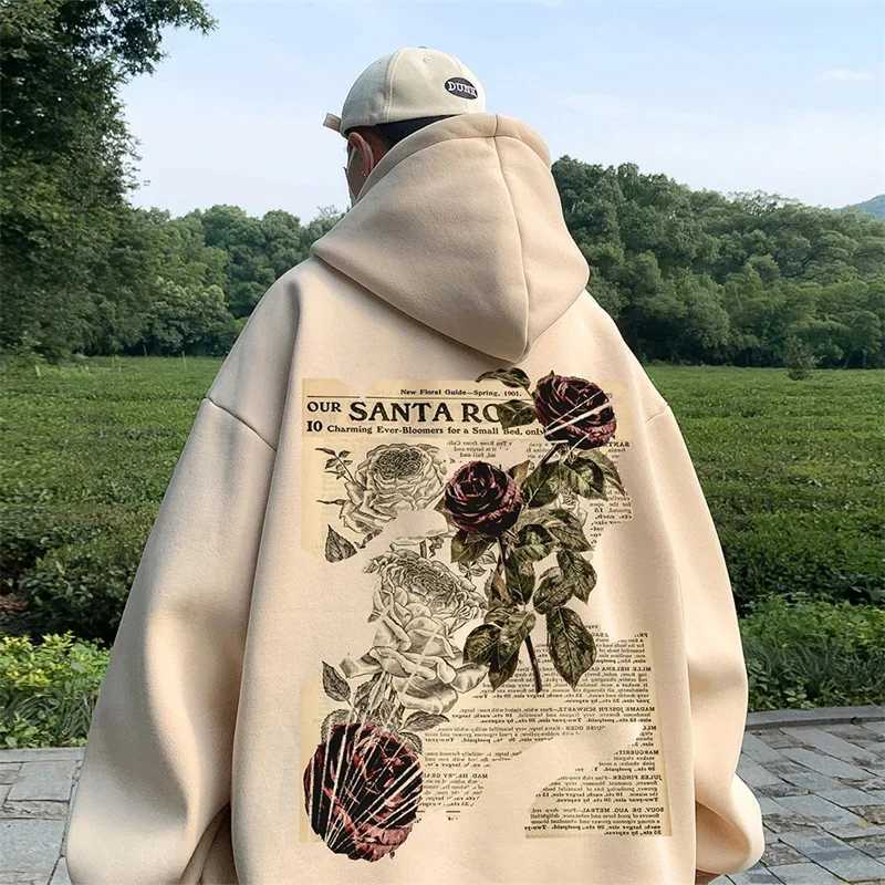 Autumn Goth Rose Graphic Print Mens Hoodies Hip Hop Fashion Y2K Streetwear Clothes Casual Fleece Loose Pullover SweatshirtsXJ2500118