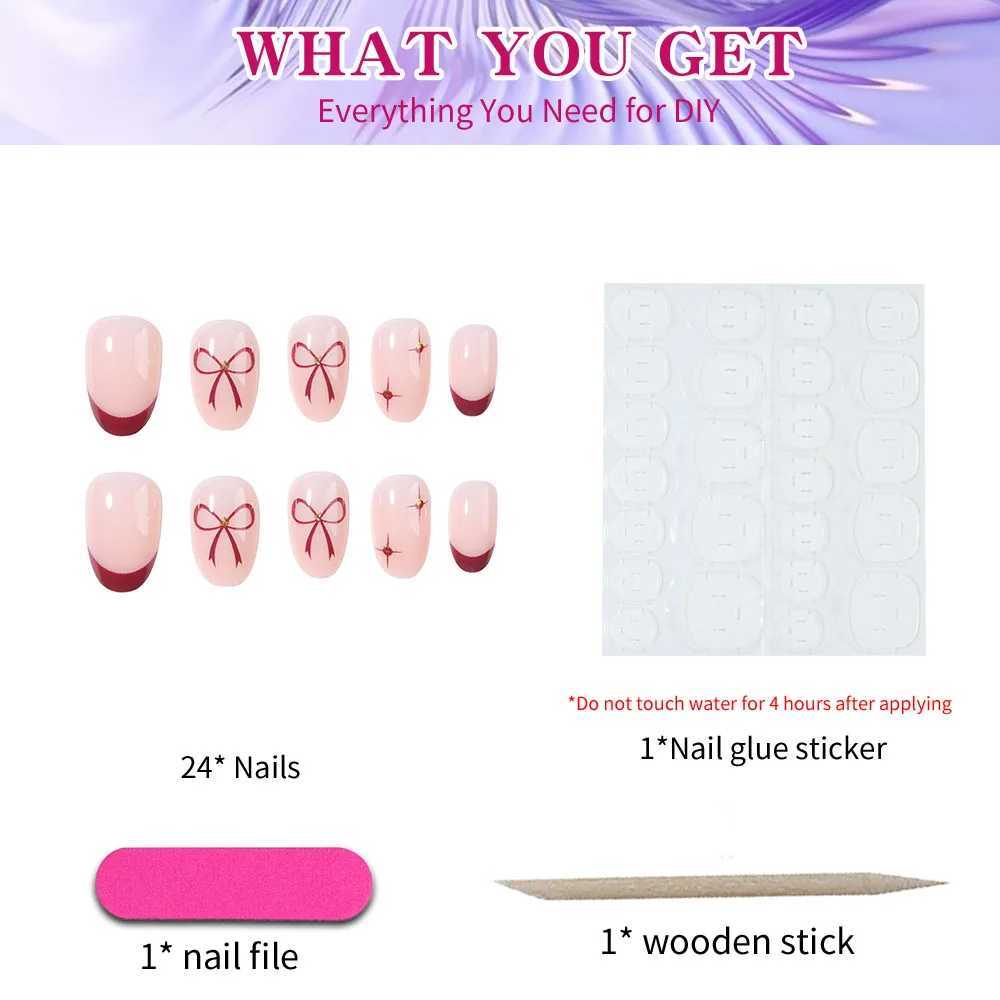 24pcs short oval French fake nails simple ins style bow sweet girl wind Mang star red edge French bright design fake nails whiW250120