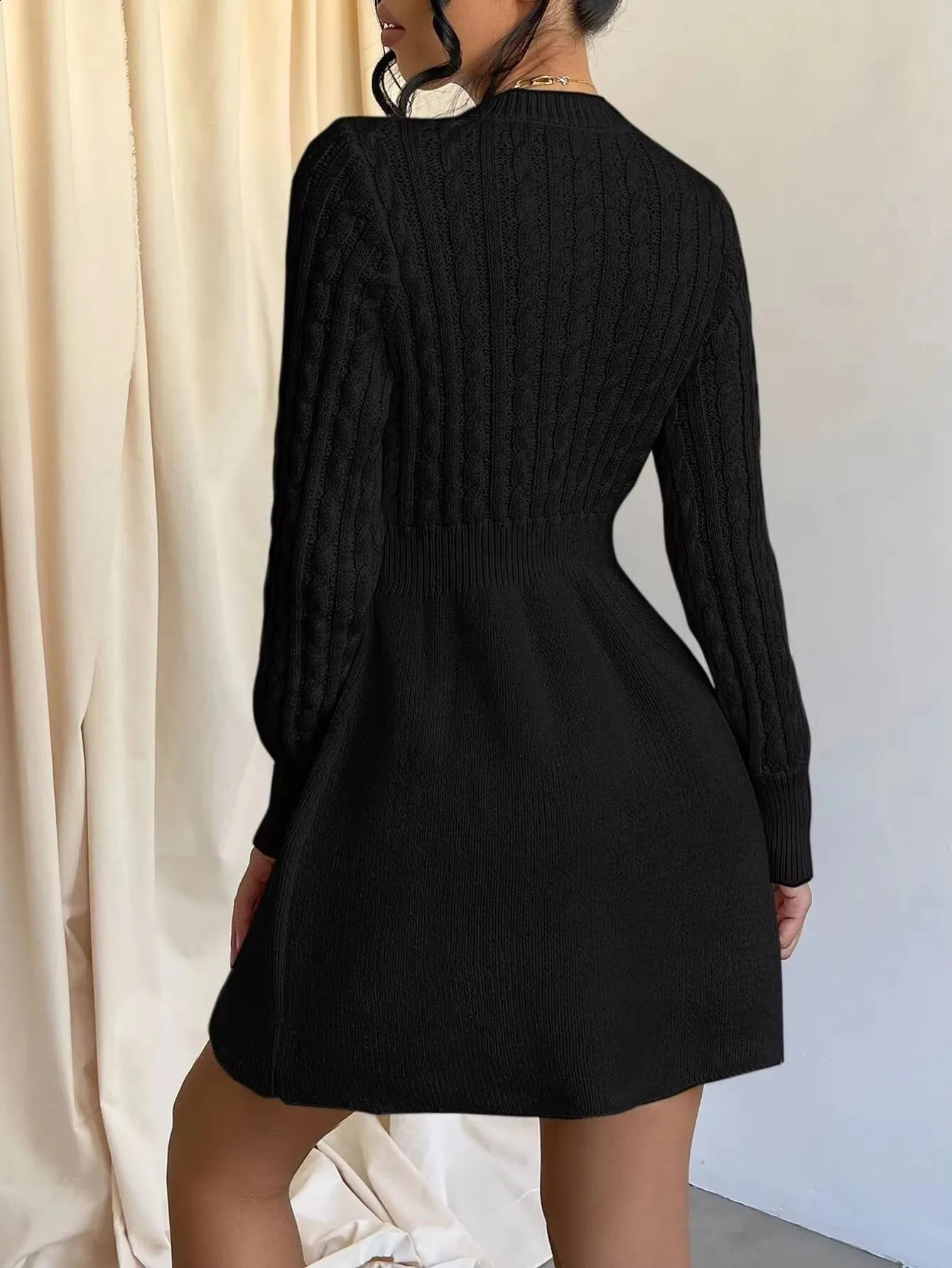 Solid Cable Knit Sweater Dress Casual Crew Neck Long Sleeve Dress Womens Clothing 250122