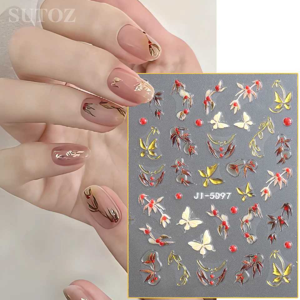 5D Nail Cherry Decors Gold Butterfly Nail Sticker Cute Cherries Bows Diamond Nail Decals Spring Summer Manicure Supplies JI-5D99XJ250120