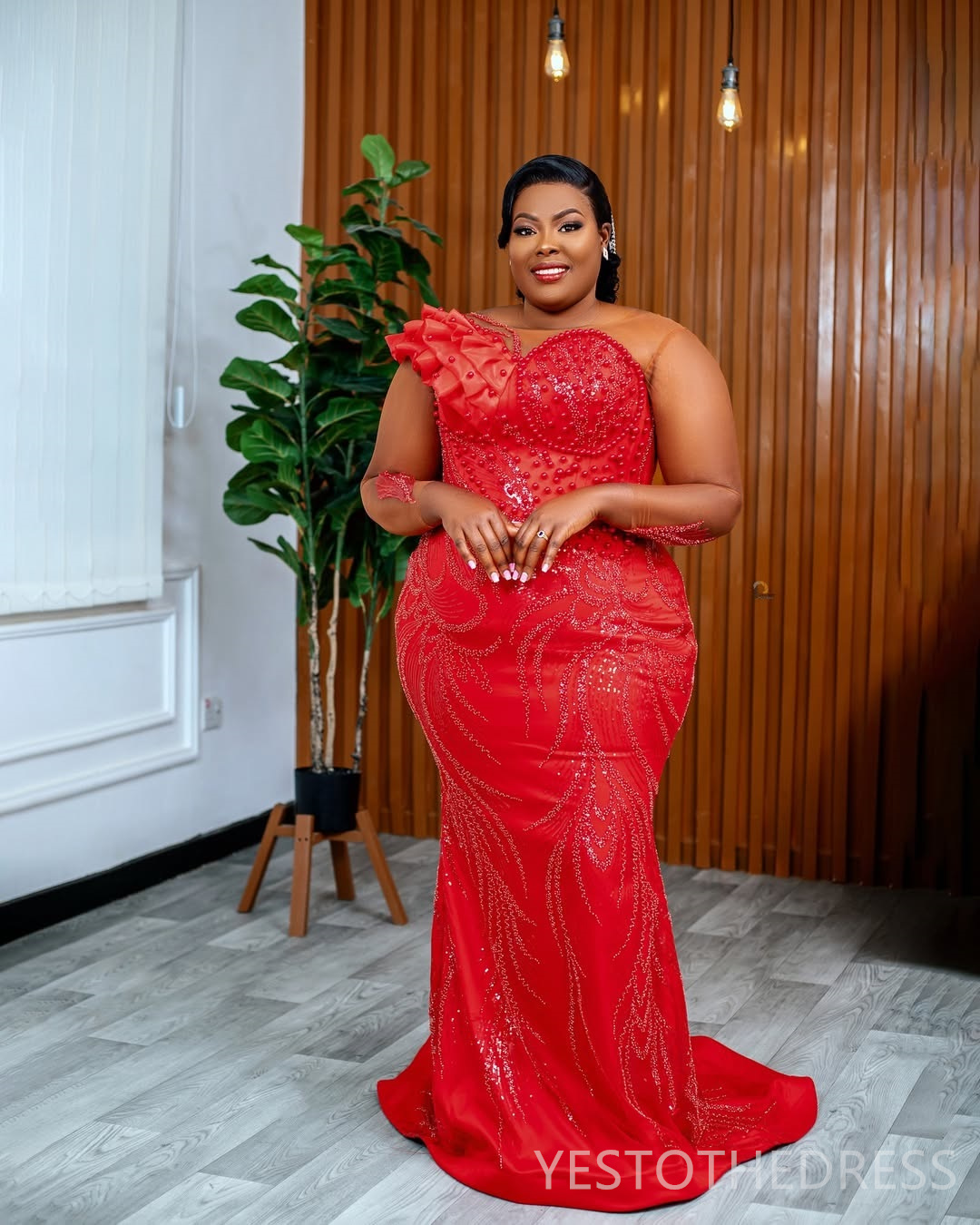 2025 Plus Size Red Aso Ebi Prom Dress Mermaid Evening Gowns For Black Women Sheer Neck Long Sleeves Pearls Beaded Lace Birthday Dress Second Reception