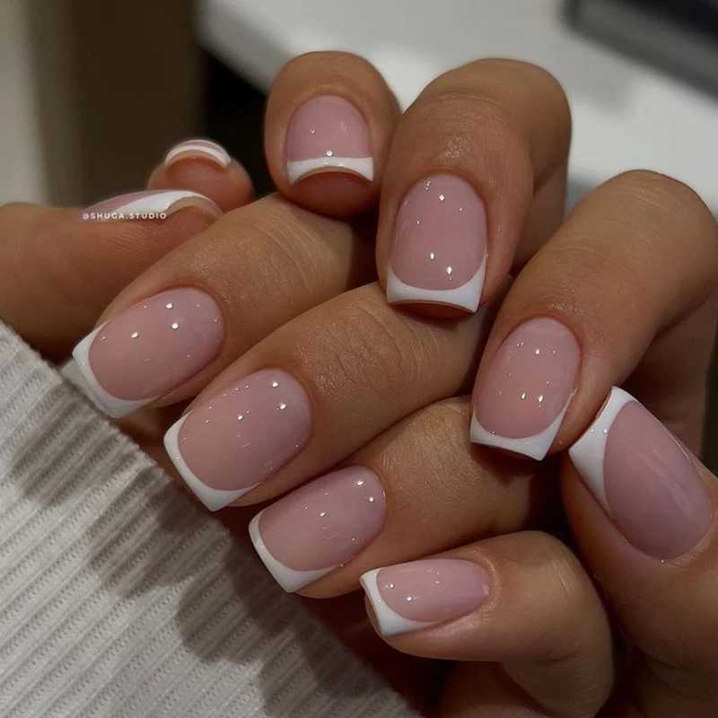 24 pieces of short French jelly pink full set fake nails pressed on nails girl gift fake nails art nail tipsW250120
