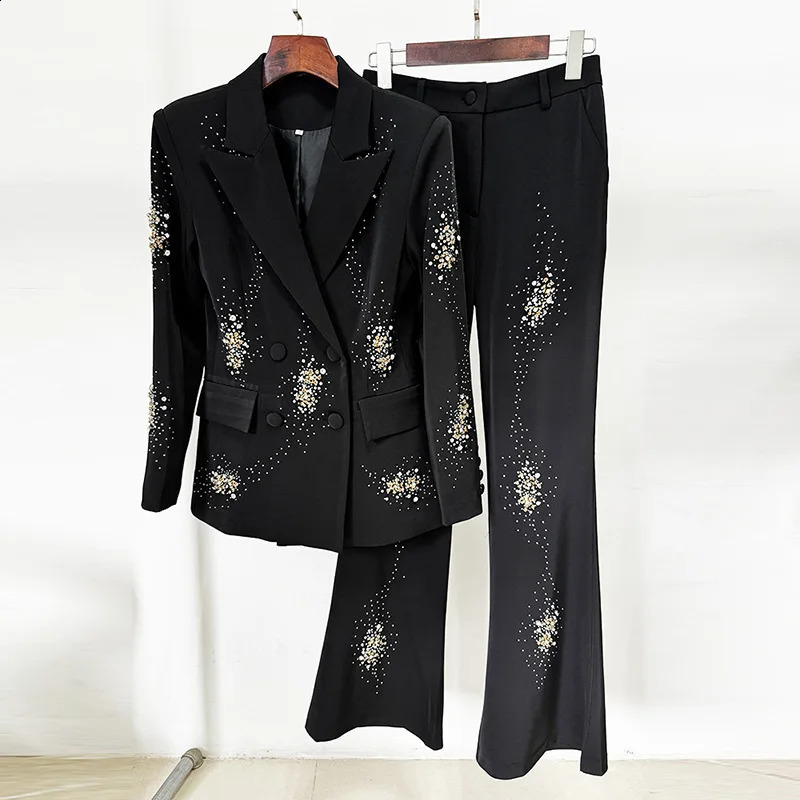 GIOIO u sets for women 2 piece outwear embroideried flares lapel long sleeve blazer jacket coat straight bell maxi pants 250114Z