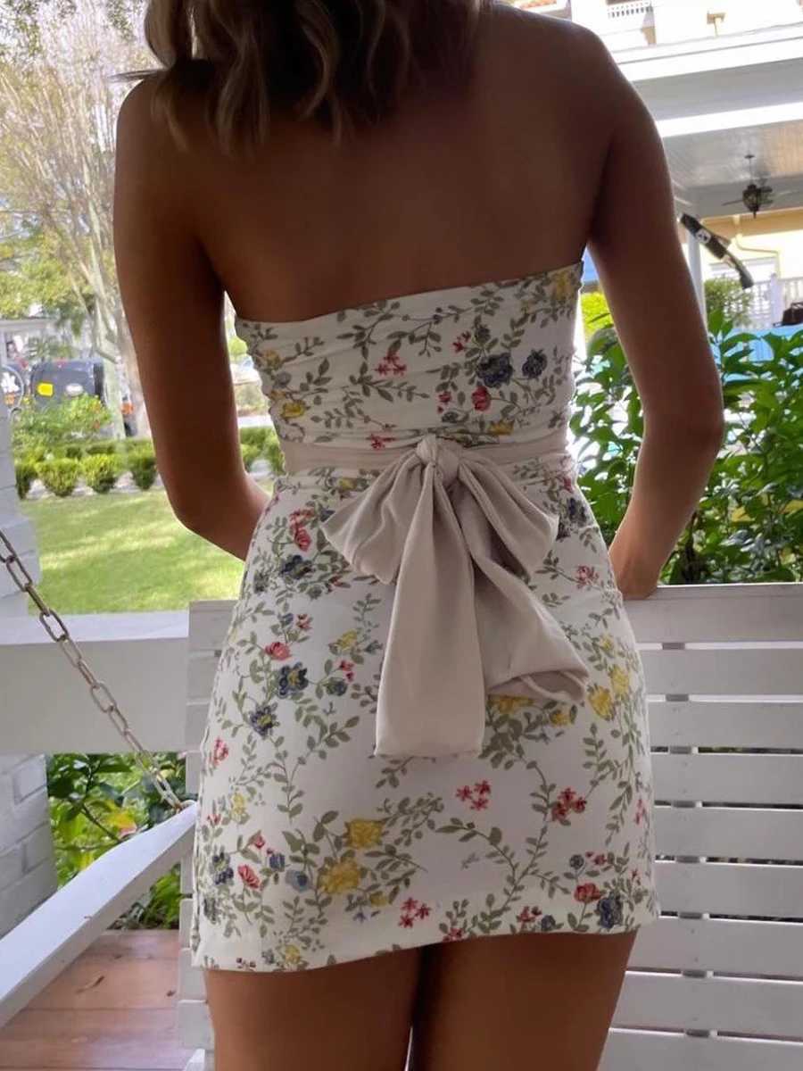 Women Tie Front Mini Tube Dress Y2k Floral Strapless Bodycon Dress Sveless Short Dress Party ClubwearXJ250115