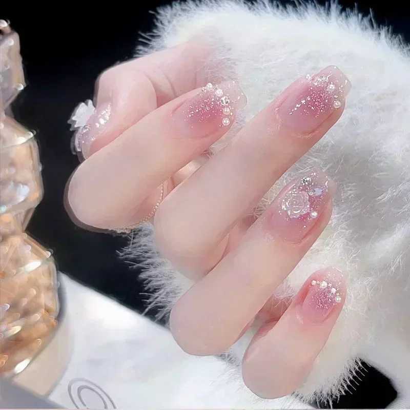 24 pieces of removable short pressure Y2k rhinestone fake nails ballet with glue sweet and cool girl artificial fake nail tipsW250120