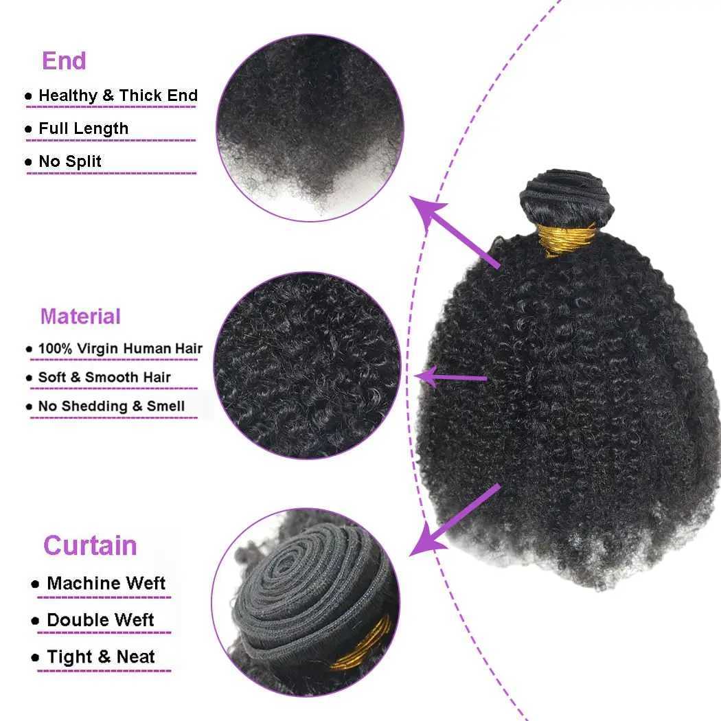 Afro Kinky Curly Human Hair Bundles 8 - 20 Inch Curly Weave 100% Unprocessed Virgin Extensions for Black Women Natural ColorXJ250120