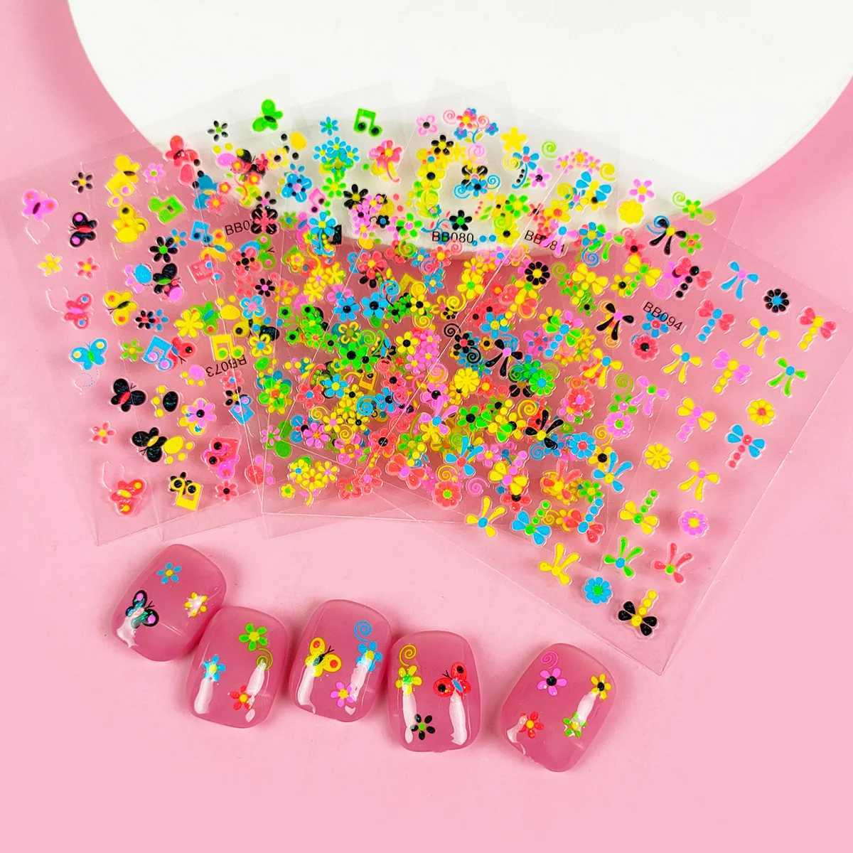 5pcs 5D Colorful Children Nail Art Stickers Kawaii Butterfly Flower Bow Adhesive Acrylic Manicure Decals Decorations AccessoriesXJ250120
