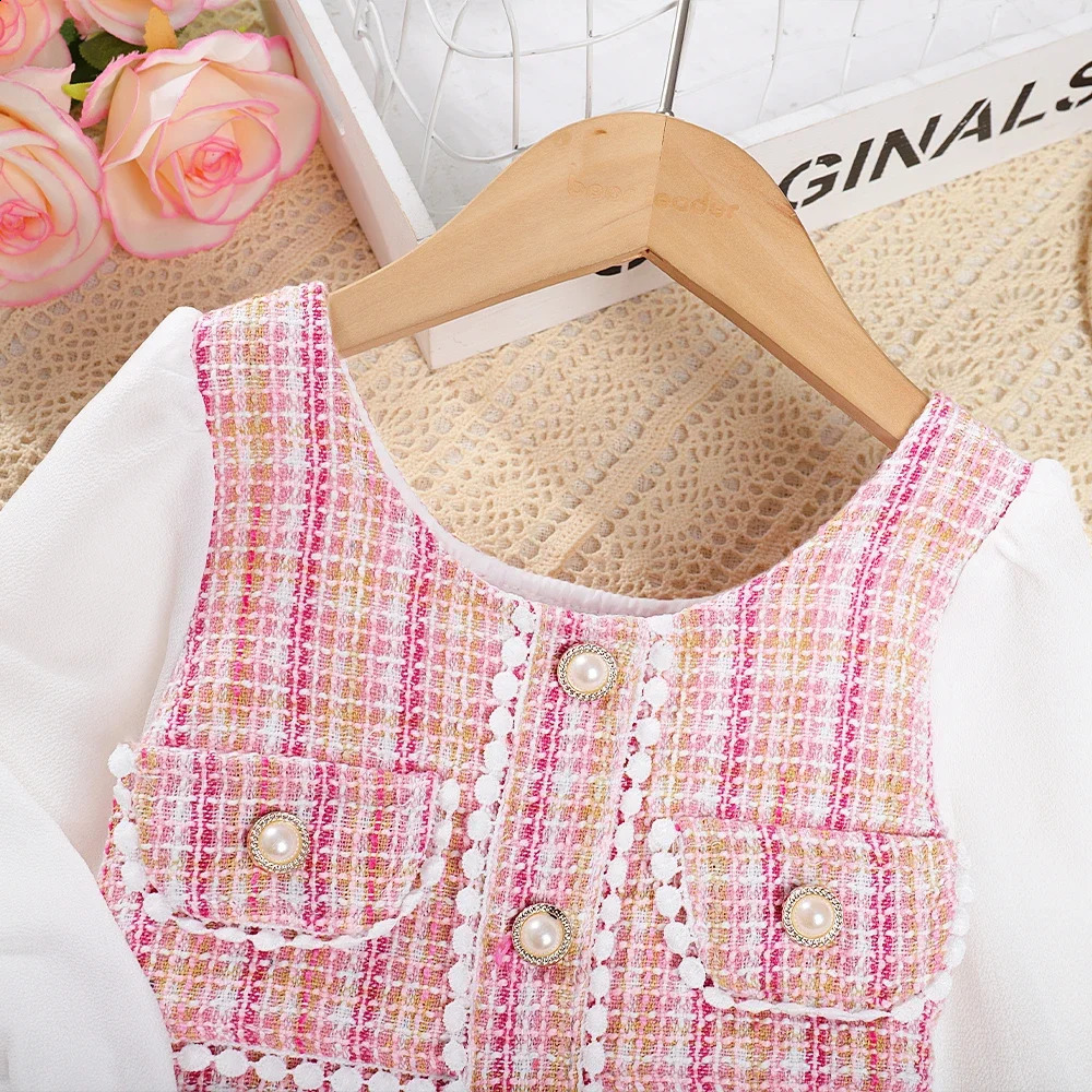Menoea Girls Dress Autumn Round Neck Plaid Lace Button Long Sleeve Fashion Patchwork 250117