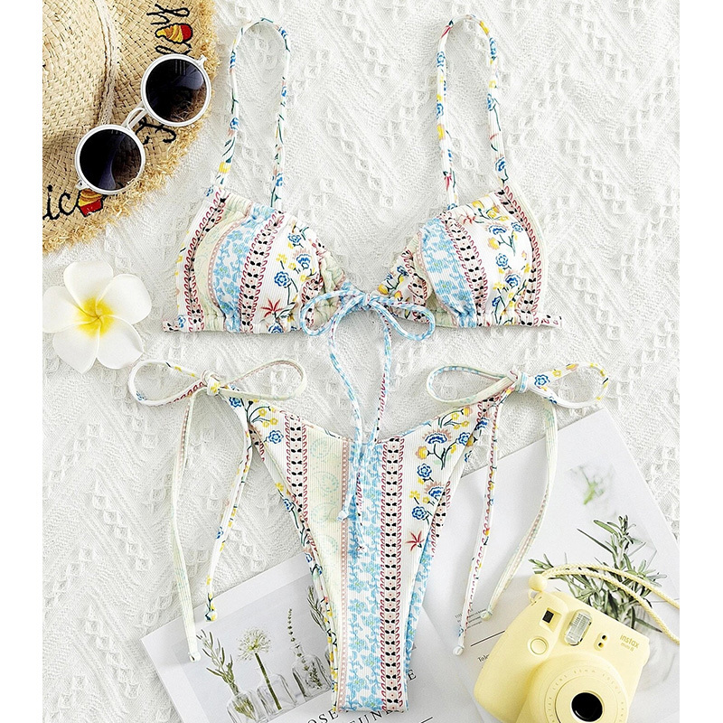BIQIUYYI New Ral Print String Bandage Bikinis Triangle Cup Push Up Swimsuit Women Bathing Suit Beachwear Halter Swimwear XS