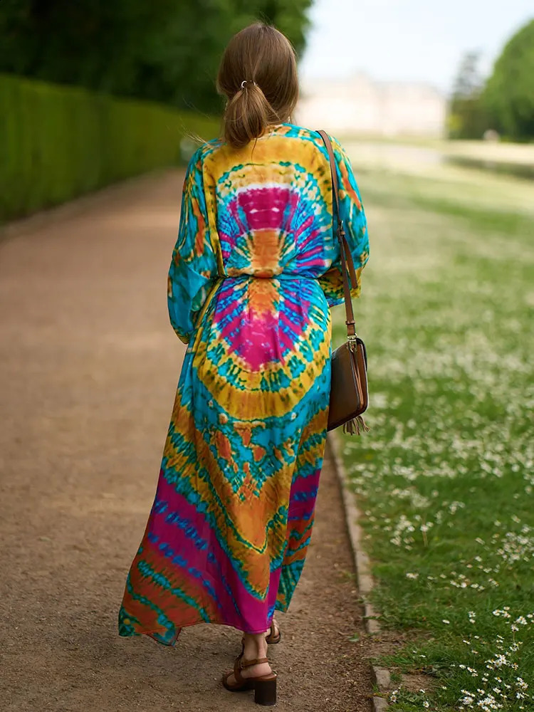 2024 Boho Printed Long Sleeve Belt Kimono Beach Dres Casual Tunic Beachwear Bathing Suit Coverups beach sail Q1451 250122