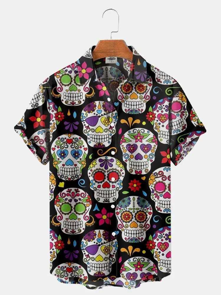 New Hawaiian Shirt For Men Skull 3d Printed Beach Shirt Short Sleeve Button Casual Mens Skull Shirts Oversized Camisa S-5XLXJ250121