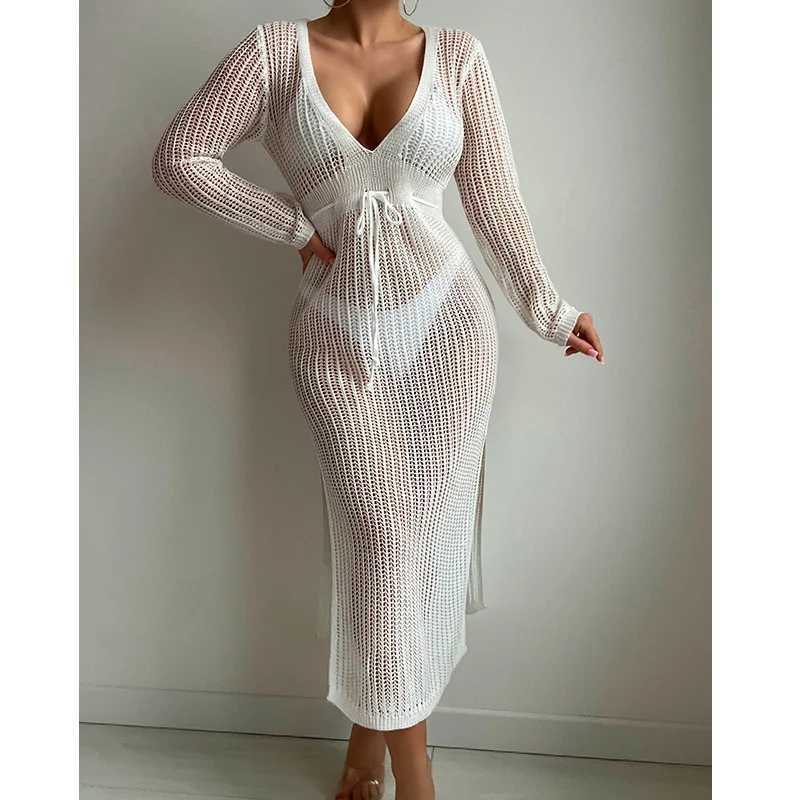 Long Sleeve Deep V Knit Dr Sarong Boho Beach Cover up Summer Crochet Bikini Cover-ups Side Slit Swimwear Women Swimsuit W250120