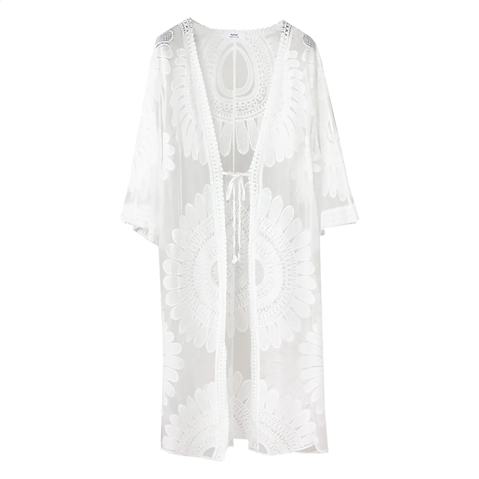 Flower Lace Coverups Beachwear Loose Boho Kimono Beach Bikini Cover Up Dresses Solid Knitted Wear Coverup Dress 250122