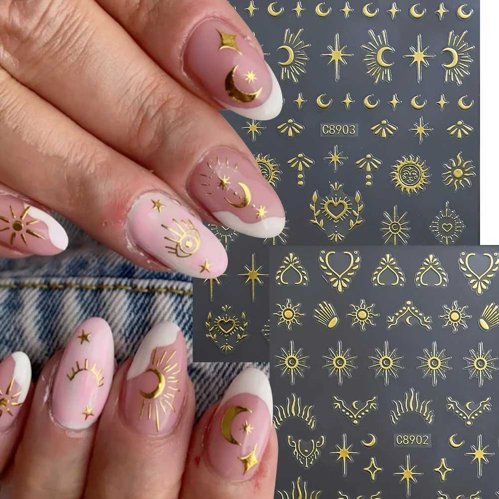 6pcs Golden Bronzing Nail Art Stickers Decals Sun Moon Star Pattern Gothic Nails Sliders For DIY Witchy Acrylic Nails DecorationXJ250120
