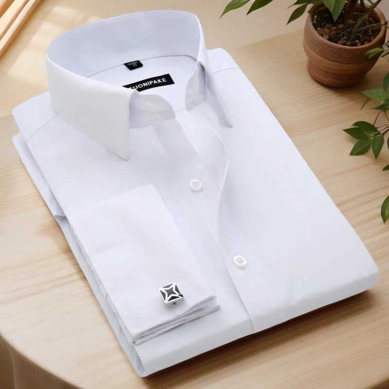 Mens French cufflinks shirt mens slim fit long sleeved business sleeve nail free business formal mens solid color shirtXJ250121