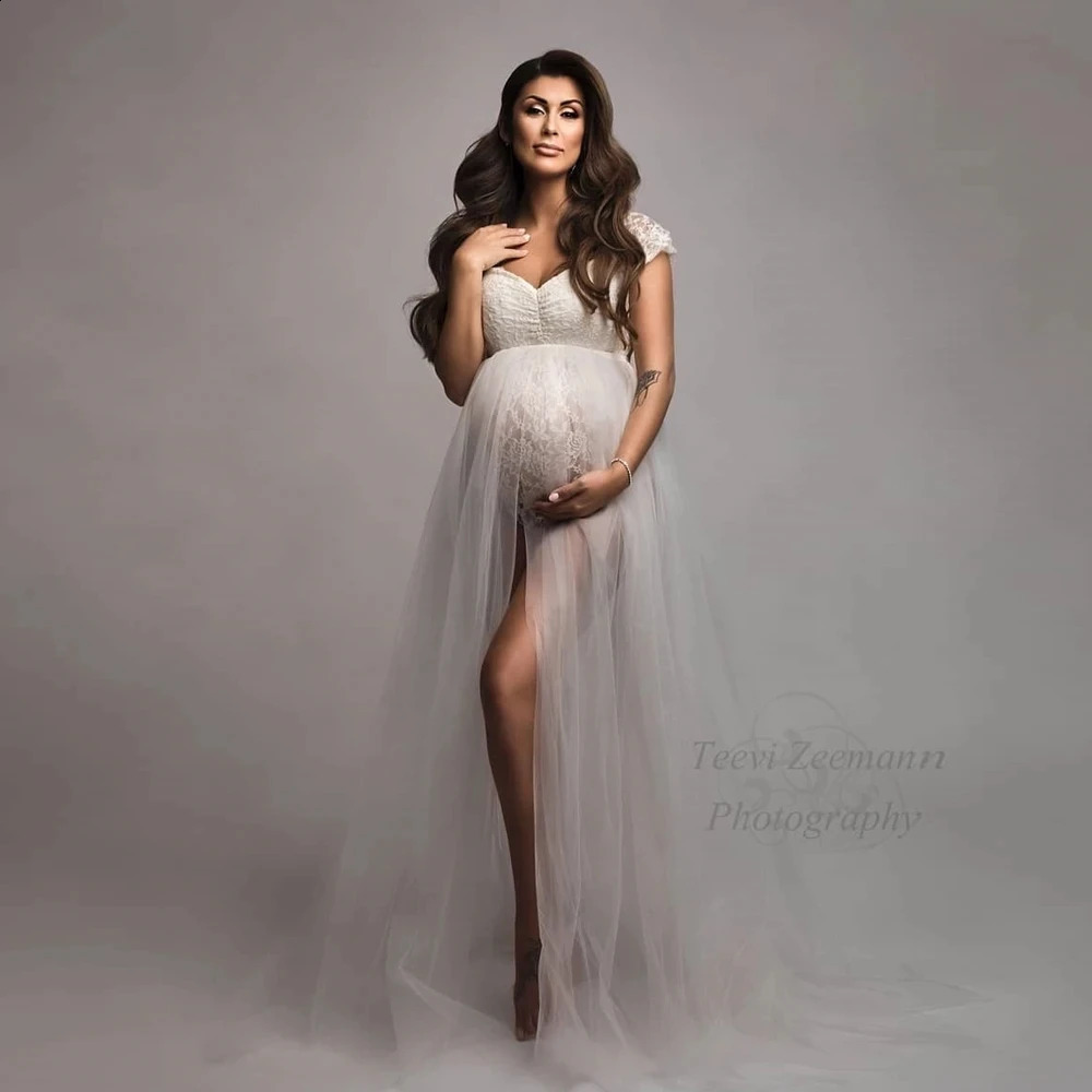 Maternity Pography Dresses Pregnancy Lace Bodysuit Tulle Long Sides Slit With Flying Dress Pregnant Woman Po Shoot Outfit 250114