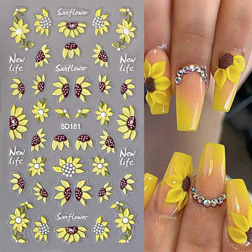 5D Sunflowers Nail Stickers Fall Design Floral Butterfly Bee Nail Decal Self-adhesive Embossed Sliders Manicure Decor NK5D-181G%XJ250120