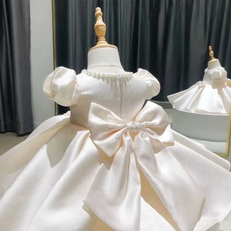 New Baby Girl Dress Bead Bow Newborn Baptist Dress Baby Girl Tutu 1st Birthday Party Dress Puff Sleeves Preschool Clothing X250203