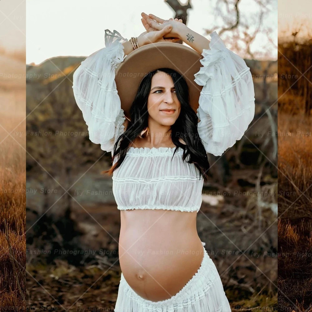 Maternity Gown For Po Shoot Pleated Chiffon Long Sleeve Off Shoulder Four Piece Boho Style Dress Pography Women 250114