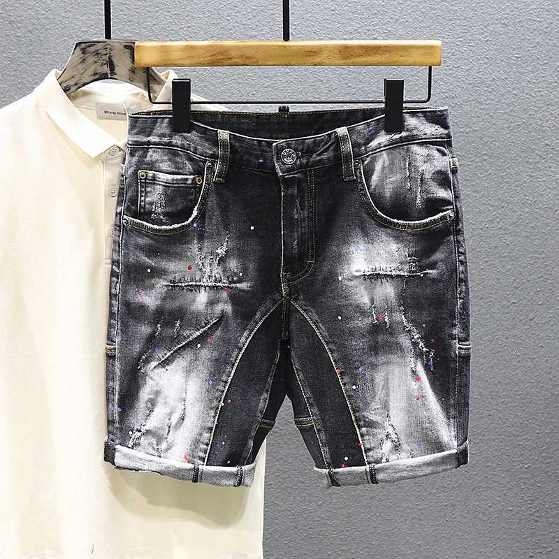 Tie-dye Fashion Paint Spots Denim Shorts Mens Summer New Ripped Retro Dilapidated Male Streetwear Short Jeans X250203