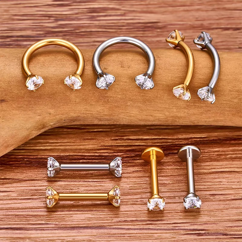 5Pc ASTM 36 G23 Ttianium Labret Ear Lip Stud Jewelry CZ Stone Cartilage Tragus Earring Tongue studs Threaded Body 250110