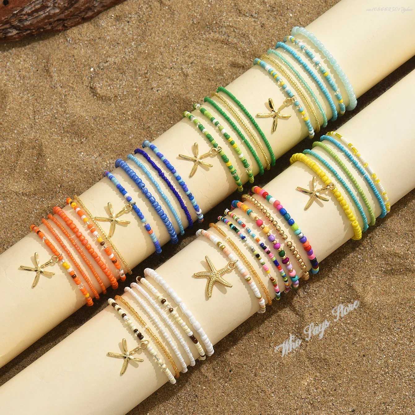 6pcs Colorful Starfish Pendant Anklet for Women R Beads Beaded Summer Fashion Multi-layer Bracelet Anklet Bohemian YhpupXJ250121
