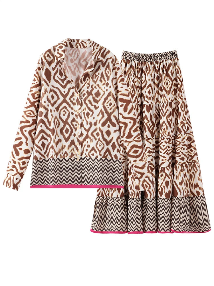 Bohemian Printed Shirt Skirt Suits Women Vintage Lapel Single Breasted Long Sleeve Female Sets High Waisted Skirt Ladies Outfits 250118