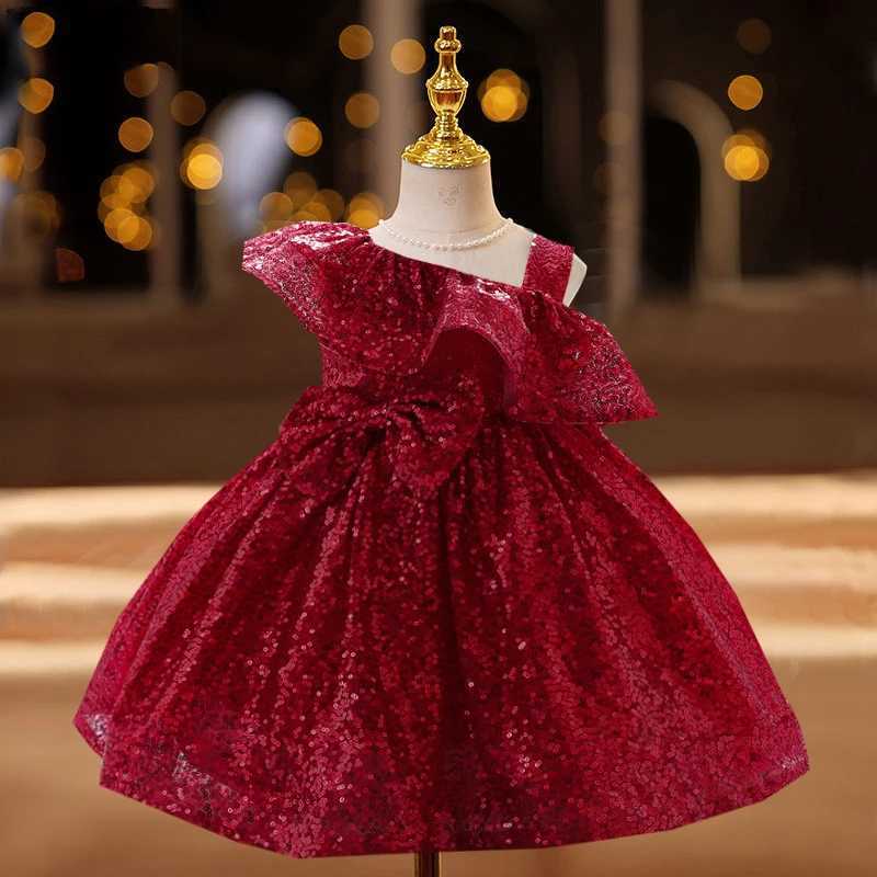 1 Year Birthday Dress For Baptism Sequin Princess Dress Red Gold Party Newborns Toddler Costume Baby Girl Clothes One Shoulder X250203